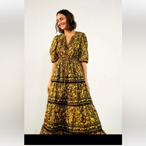 FARM Rio Starfruit Green and Yellow Floral Tiered Maxi Dress NWT size S